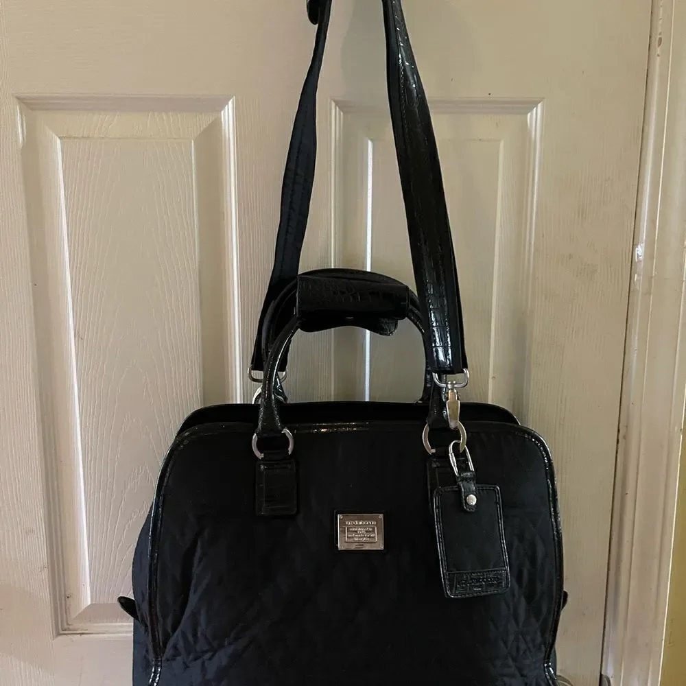 Liz Claiborne Black quilted fabric large laptop work bag silver tone hardwares